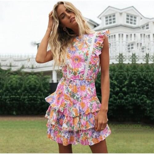 Women Sexy Ruffles Floral Print Backless Mini Dress 2021 Summer O-Neck Sleeveless Lace Hollow Out Slim Boho Beach Layered Dress