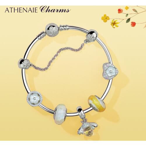 ATHENAIE 925 Sterling Silver Cute Bee Charms Bracelets Bangles with Charm Beads for Women Anniversary Valentines Day Gift
