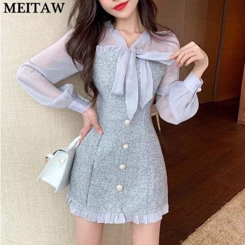 2021 Summer Autumn Long Sleeve Women Dress Ladies Vintage See Through Elegant Mini Dress Female Ribbon Office Dress