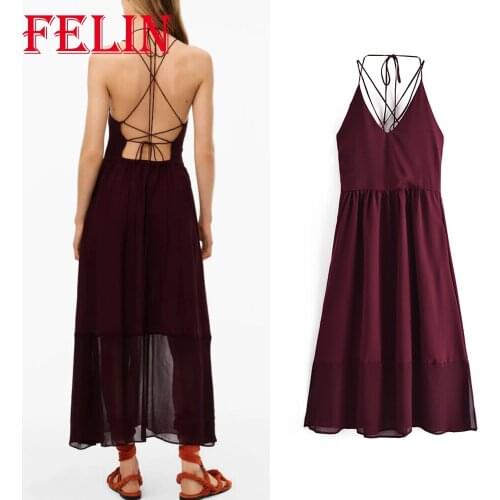 FELIN Za Chiffon Women Dress Backless Sexy Cami Dress Sleeveless Summer Fashion 2021 V Neck Midi Dress Chic Mujer Vestidos