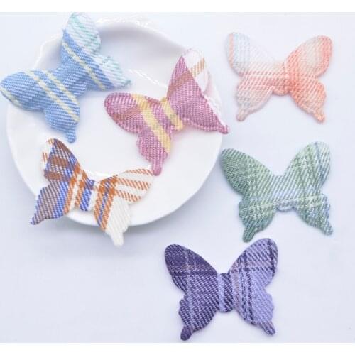 50Pcs 40*30mm Padded Reticulated Plaid Cloth Butterfly Appliques for DIY Baby Hat Clothes Sewing Patches Headdress Clips Decor