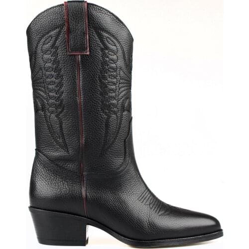 FootCourt Black Women Cowboy Boots Genuine Leather Pointed Toe Mid Calf Vintage Fashion Eagle Pattern Handmade New Western Boots