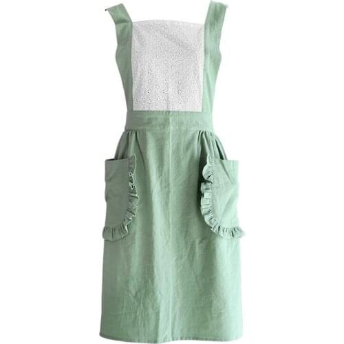 Korean style apron dress cotton linen lace sleeveless apron garden home clothes double pocket work overall