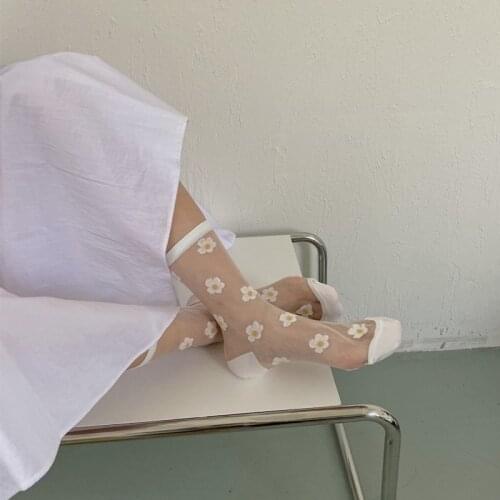 Summer Ultra-thin Transparent Crystal Silk Socks Harajuku Retro Girls Kawaii Cute Socks Japanese Korean Floral Print Women Socks