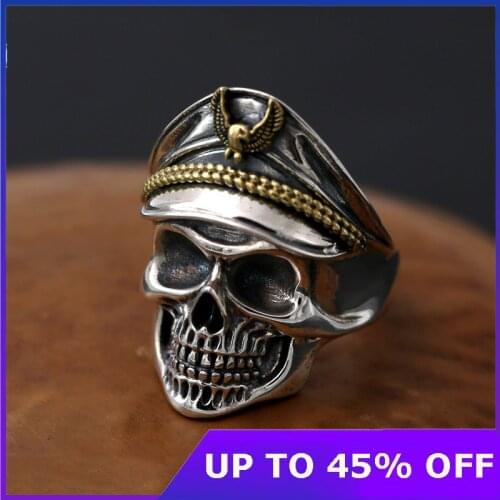 100% 925 Silver Cool Soldier Skull Ring For Men Punk Rock Vintage Rings With Eagle Adjustable Size Biker Ring Gothic Jewelry