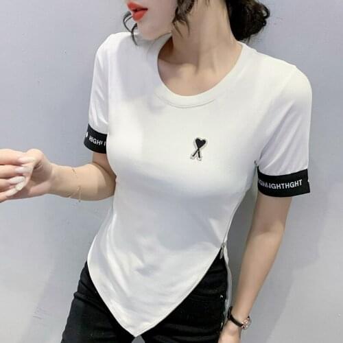 Summer new Women short Sleeve zipper Split fork T Shirt Women Fashion Tops Casual Slim Woman T Shirts korean woman tshirts