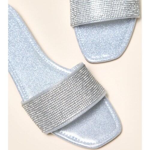 New Fashion Gold Rhinestone Fish Mouth Street Sandals Plus Size One-line Female Sandals Beach Shiny Flat Flop Slippers