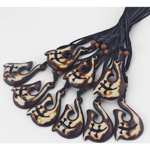 Wholesales 6pcs Brown Faux Yak Bone Resin Tribal Maori Hook Gecko Pendant Necklace Surfer Black Wax Cotton Cord