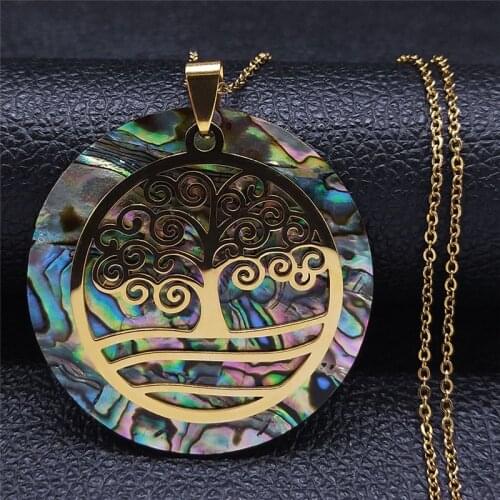 Stainless Steel Abalone Shell Paper Necklace Gold Color Tree of Life Chain Necklaces Round Boho Jewelry collar conchas NXS04