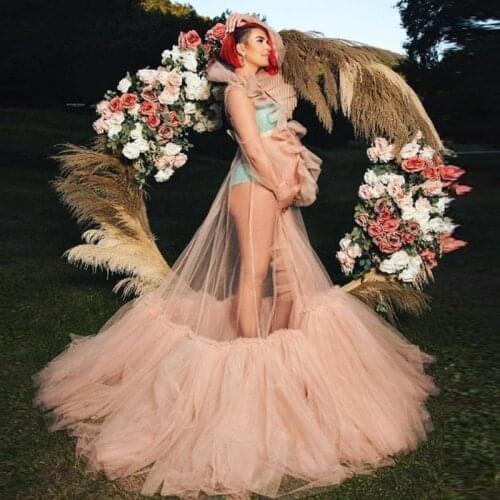 Nude Beige Lush Maternity Dress For Photo Shoot Tulle Sheer Maternity Robe Fluffy Ruffle Front Maternity Dressing Gown