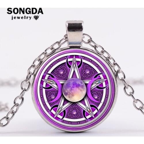 SONGDA Charm Purple Triple Moon Goddess Pendant Pentagram Necklace Wicca Protection Crescent Moon Supernatural Amulet Necklace