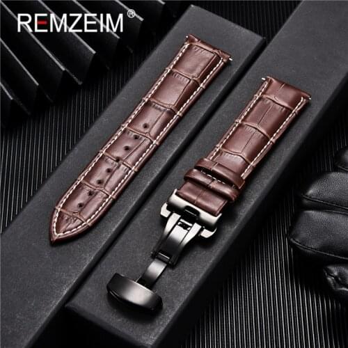 REMZEIM Leather Watchband Strap 18/20/22/24MM Calfskin Watch Band Stainless Steel Buckle Watch Accessories Black Brown