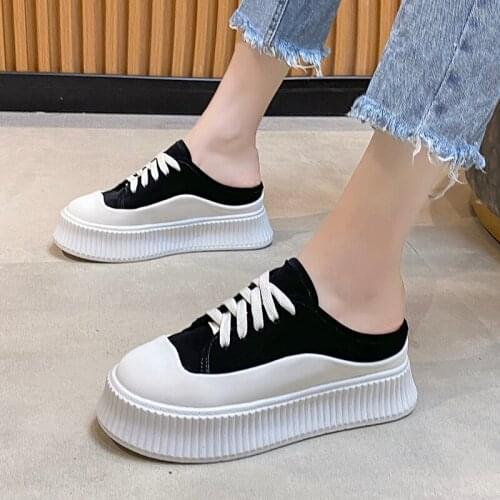 2021 Women Platform Slip on Shoes Fashion Design Lace Up Patchwork Woman Vulcanize Shoes Summer Ladies Thick Bottom Sandals