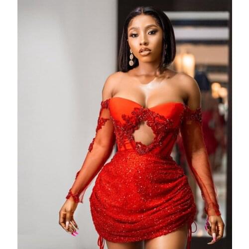 Sexy Mini Women Dress Party With Applique Full Sleeves Off The Shoulder Short Sequined Prom Gowns Draped Vestido De Curto