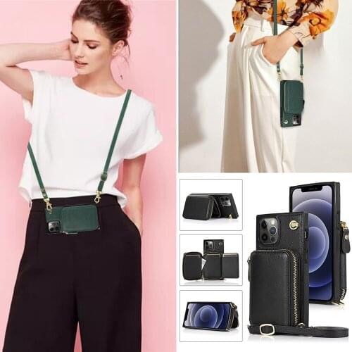 Crossbody Strap Card Holder Zipper Pocket Case for Samsung Galaxy S9 S10 S20 Plus Note 9 10 Note20 Ultra A90 Square Wallet Cover