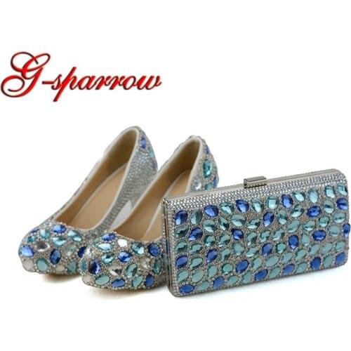 Blue Crystal Wedding Party High Heels with Clutch Chunky Heel Rhinestone Prom Pumps Cinderella Prom Shoes with Matching Bag