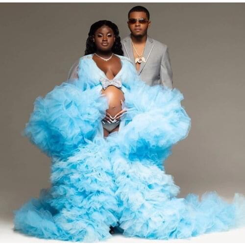 Light Blue Prom Maternity Dress for Photoshoot With Bow Tulle Bathrobe Full Sleeve Evenin Dress vestido de fiesta abiye kaftan