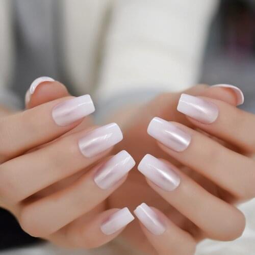 Light Pink Medium Long Shiny Fake Nails Pearlescent French Lovely Abs Nail Art Gradient Girl Nail Tips Manicure