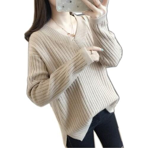 Fashion Ladies Full Sleeve Women Knitting Sweater Solid V-Neck Cashmere Pullover And Jumper Loose Sweater high quality Hot Sale