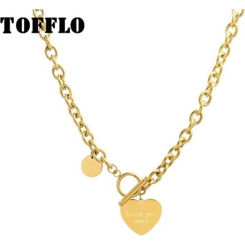 TOFFLO Stainless Steel Jewelry Hip Hop Thick Chain Round Brand OT Clasp Love Heart Pendant Necklace Female Clavicle Chain BSP886