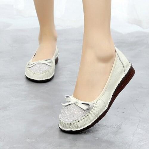 Tilocow Women Flat With Genuine Leather Shoes Woman Retro Crystal Slip On Shoes Female Solid Crystal Loafers Casual Ladies Flats