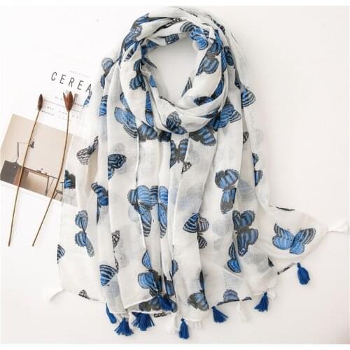 Spring Summer Animal Print Viscose Scarf Blue Butterfly Lady Shawls and Wraps White Tassel Foulard Women Hijabs