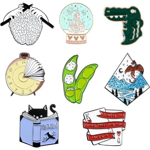 Magic World Metal Pins Brain Castle Dragon Clock Cat Crocodile Poker Pea Brooches Badges Clothes Pins Jewelry Gifts For Friends