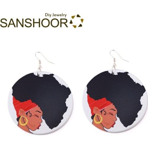 SANSHOOR Afro Headwrap Hair Wooden Drop Earrings 6cm Diameter Afrocentric Bohemia Jewelry For Women Gifts 1Pair