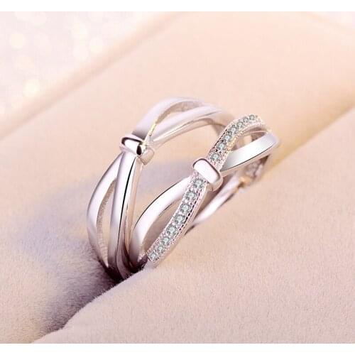 Hot Fashion 925 Sterling Silver Zircon Cross Lovers Set Rings Bowknot Shape Resizable Rhinestone Ring Women&Men Jewelry Gift