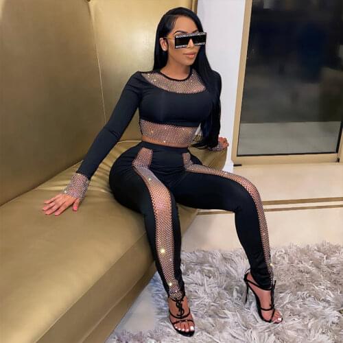 2021 Womens Clothing With Free Shipping Mesh Rhinestone See Through Crop Top+Skinny Legging Midnight Party Club Tracksuits