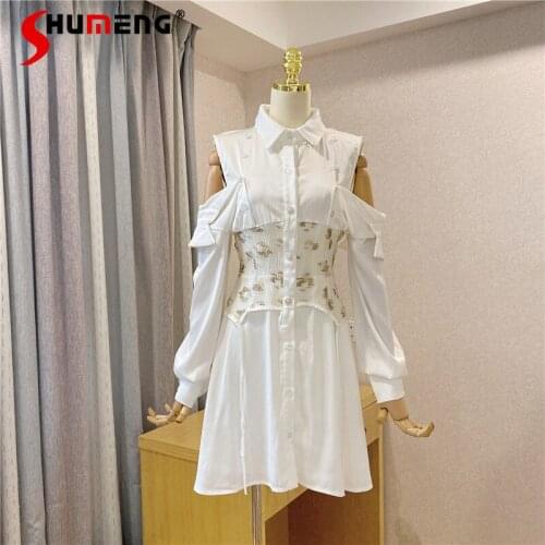 2021 Autumn New Pearl Button White Satin Surface Waist off-the-Shoulder Two-Way Womens Shirt Dress