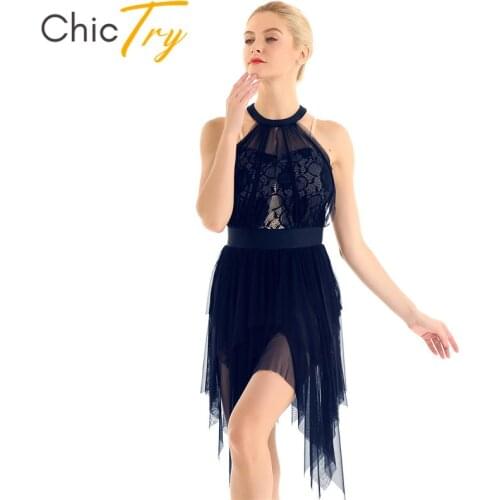 ChicTry Adult Halter Lace Asymmetrical Ballet Figure Skating Dress Gymnastics Leotard Women Contemporary Lyrical Dance Costumes