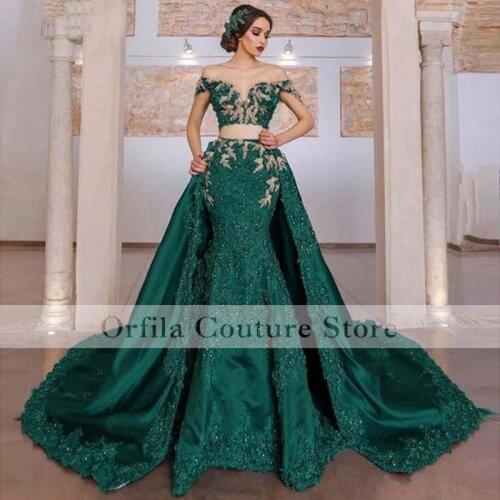 Dark Green Prom Dress Mermaid With Removable Train Two Pieces Off Shoulder Arabic Evening Gowns vestidos de noche