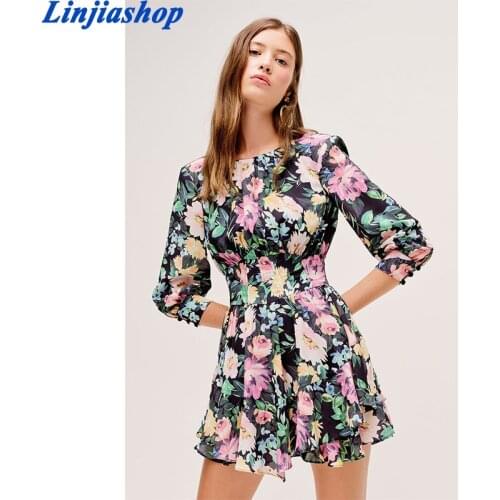 Vintage Long Sleeve Colored Flower Print Short Backless Dress Women Sexy Pleated Ruched Stitching Ruffles Hem Mini Dresses