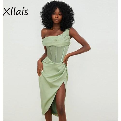 XLLAIS Satin Mesh Corset Slip Green Dress Draped Bodycon Evening Partywear 2021 Asymmetrical Solid Diagonal Collar Robe