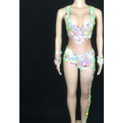 Shiny Rhinestones Colorful Sale Sequins Jumpsuit Single Leg Spandex Leotard DJ Nightclub Women Dancer Singer Stage Wear Costume