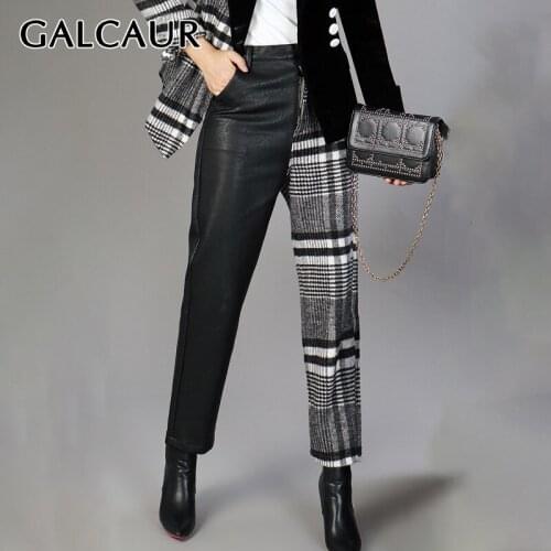 GALCAUR Plaid Pants For Women High Waist Patchwork Pu Hit Color Streetwear Ankle Length Harem Trousers Female 2020 New Clothing
