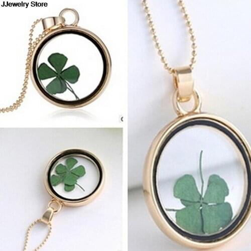 Four Leaf Clover Real Flower Necklace Pressed Botanical Circle Gold Jewelry Pendant Lucky Charm 60cm