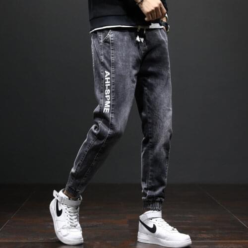 Elastic Waist Patchwork Jeans Mens Straight Denim Korean Fashion Clothing Letter Print Loose Casual Harem Pants Black Jeans Men