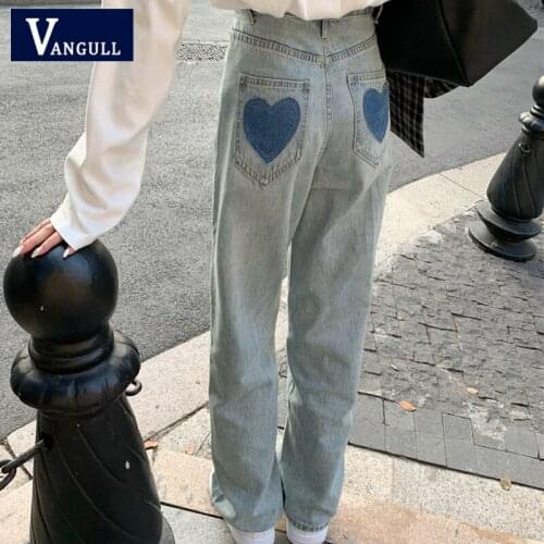 Vangull Heart-shaped Denim Trousers Womens 2020 New High Waist Straight Loose Jeans INS Street Style Fashion Soft Denim Pants