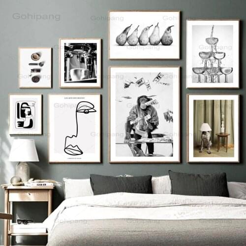 Canvas Poster Monkey Pear Coffee Champagne Abstract Face Wall Art Print Nordic Retro Canvas Painting Home Decoration Living Room