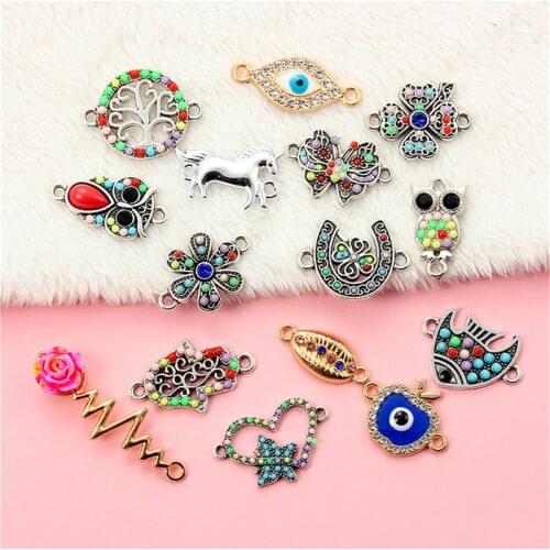 Julie Wang 10PCS Alloy Charms With Acrylic Rhinestones Animal Flower Eye Palm Life Tree Pendants Jewelry Making Accessory