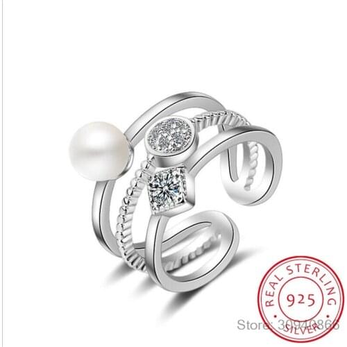 925 Sterling Silver Rings For Women Trendy Multi-layer Pearl Mosaic CZ Zirconia Resizable Rings bague femme S-R217
