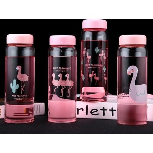 New Pink Flamingo Printed Animal Water Bottle Outdoor Sport Portable Glass Cup Drinking Bottles With Cover Tour Drinkware 450ml