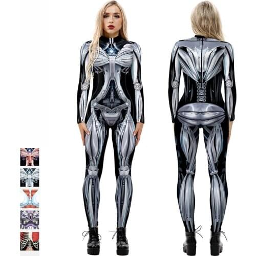 New Nightclub Female Singer Technology Style Jumpsuit Halloween Festival Clothing Skull Skeleton Long Sleeve Bodysuit DWY6215