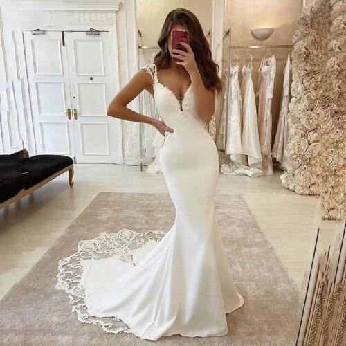 Charming Deep V-Neck Mermaid Wedding Dresses 2021 Cap Sleeve Lace Appliques Backless Formal Satin Bridal Gown Long Sweep Train