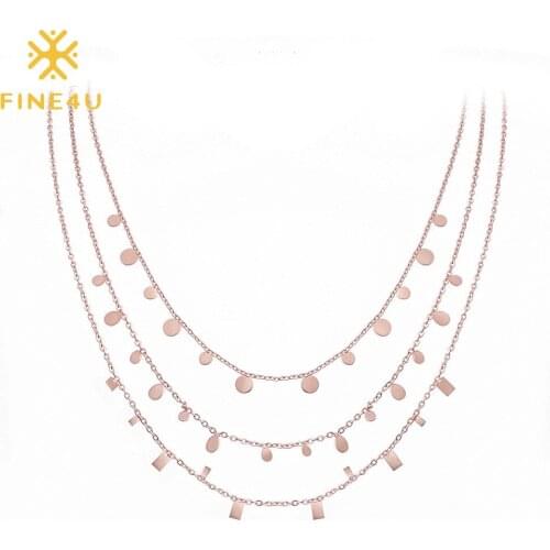 FINE4U N586 Stainless Steel Statement Jewelry Choker Necklace Pendant Disc Oval Square Chain Necklace For Women Girls