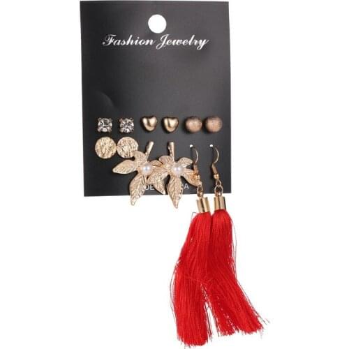 Earrings sets simple love leaves pearl earrings female temperament long tassel 6 pairs of earrings