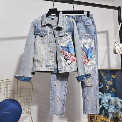 2021 Spring Women Autumn Street Fashion Embroidery Flowers Long Sleeve Denim Jacket + Jeans Two Piece Set Female Clothing H1071