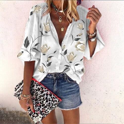 2021 Summer Women Shirts Floral Print Loose Oversized Blouses Female Tops Nine Quarters Sleeve Stand Collar Street Open Shirt